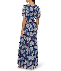 Adrianna Papell V-neck Short Sleeve Floral Print Chiffon Maxi Dress