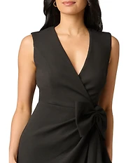 Adrianna Papell V Neck Sleeveless Bow Detail Crepe Dress