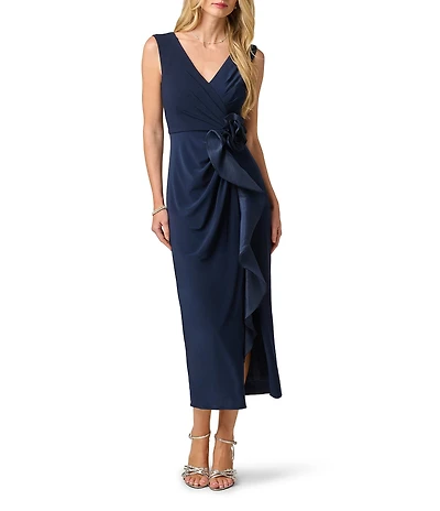 Adrianna Papell V-Neck Sleeveless Cascading Ruffle Jersey Combo Dress