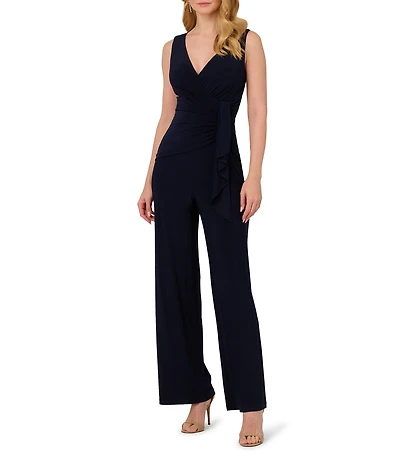 Adrianna Papell V-Neck Sleeveless Draped Side Tie Jersey Jumpsuit