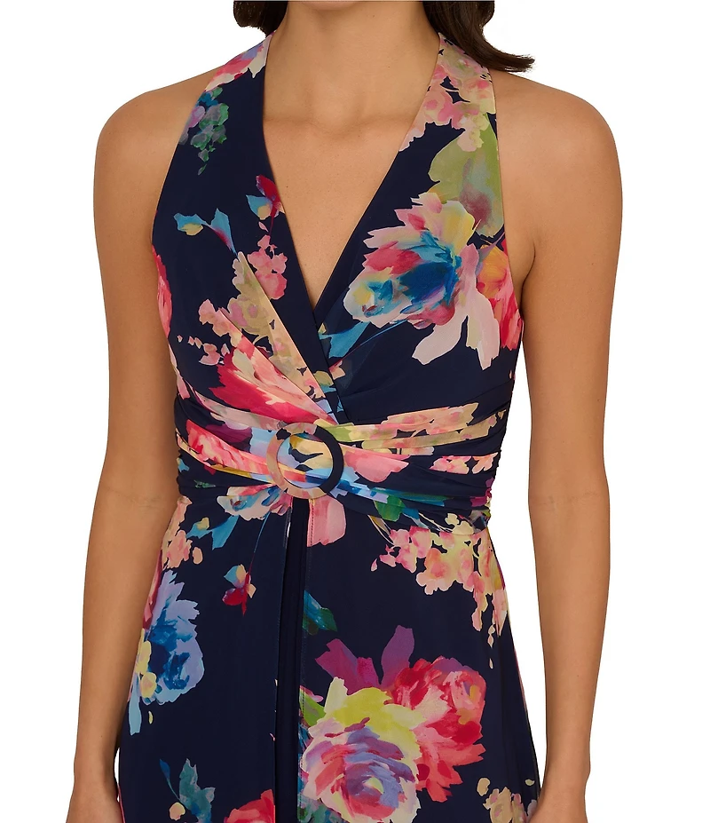 Adrianna Papell V-Neck Sleeveless Printed Chiffon Walk Thru Jumpsuit
