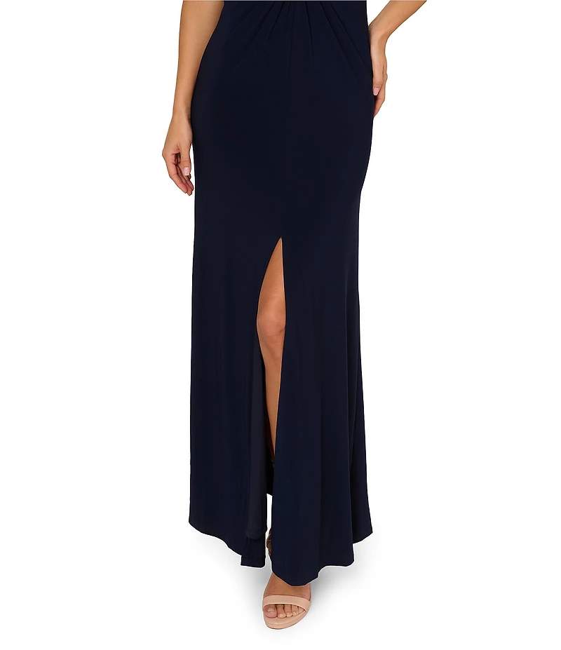 Adrianna Papell V-neck Sleeveless Shirred Jersey Sheath Gown