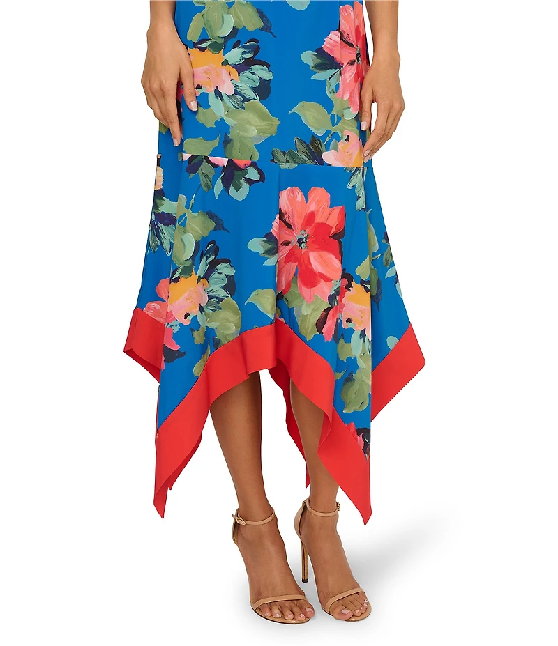 Adrianna Papell V-Neck Spaghetti Straps Floral Print Chiffon Asymmetrical Hem Midi Dress