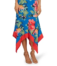 Adrianna Papell V-Neck Spaghetti Straps Floral Print Chiffon Asymmetrical Hem Midi Dress
