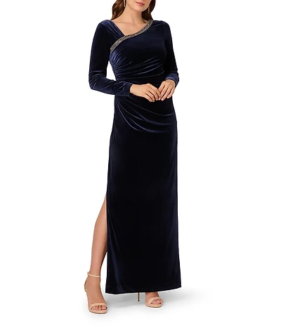 Adrianna Papell Velvet Asymmetrical Neck Long Sleeve Gown