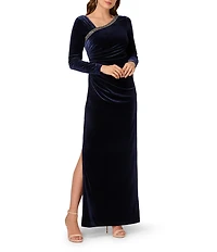 Adrianna Papell Velvet Asymmetrical Neck Long Sleeve Gown