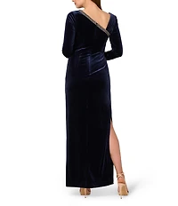Adrianna Papell Velvet Asymmetrical Neck Long Sleeve Gown