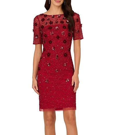 Adrianna Papell Velvet Beaded Mesh Boat Neck Elbow Sleeve Sheath Dress