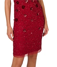 Adrianna Papell Velvet Beaded Mesh Boat Neck Elbow Sleeve Sheath Dress