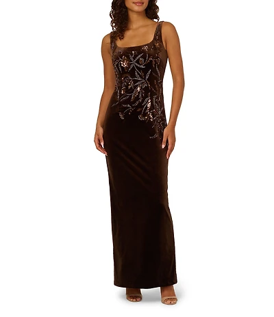 Adrianna Papell Velvet Floral Beaded Square Neck Sleeveless Gown