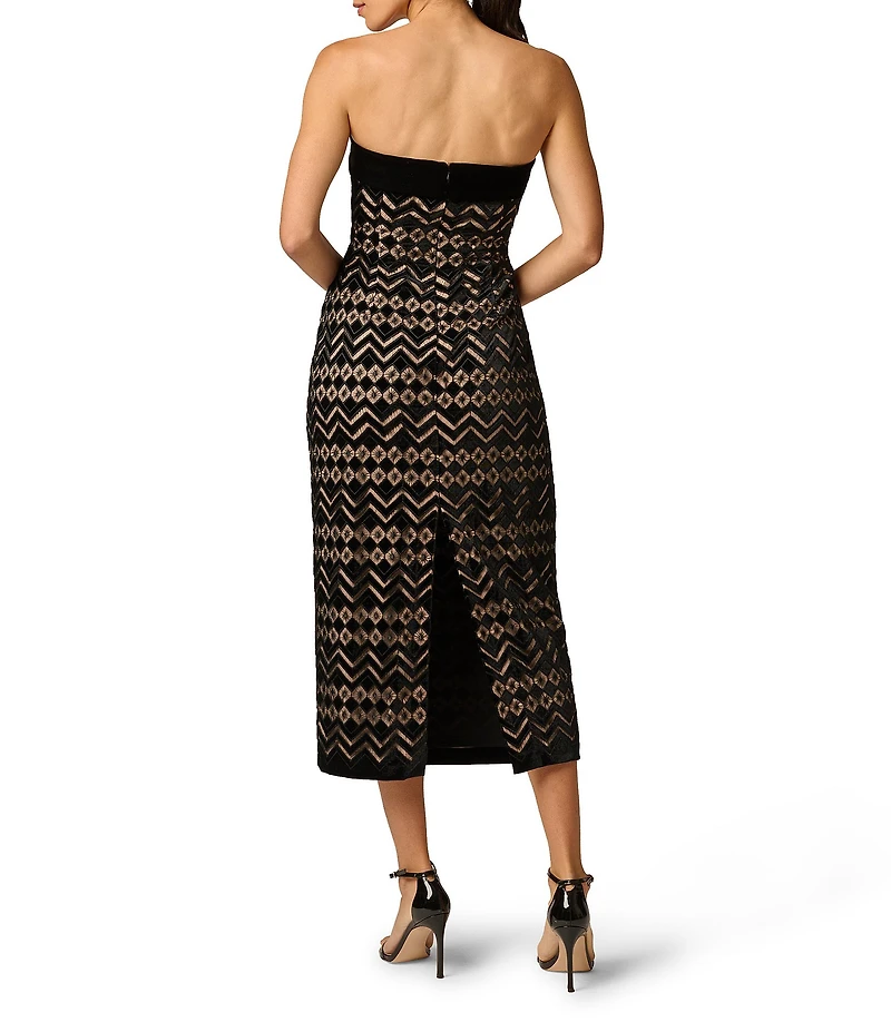Adrianna Papell Velvet Geometric Print Strapless Sleeveless Midi Sheath Dress