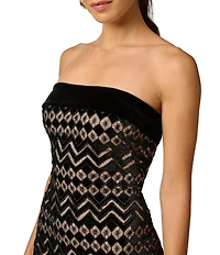 Adrianna Papell Velvet Geometric Print Strapless Sleeveless Midi Sheath Dress