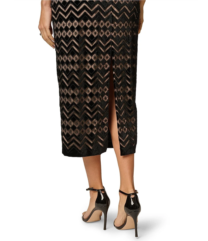 Adrianna Papell Velvet Geometric Print Strapless Sleeveless Midi Sheath Dress