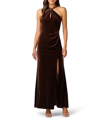 Adrianna Papell Velvet Halter Neck Side Slit Mermaid Dress