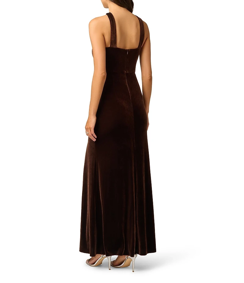 Adrianna Papell Velvet Halter Neck Side Slit Mermaid Dress