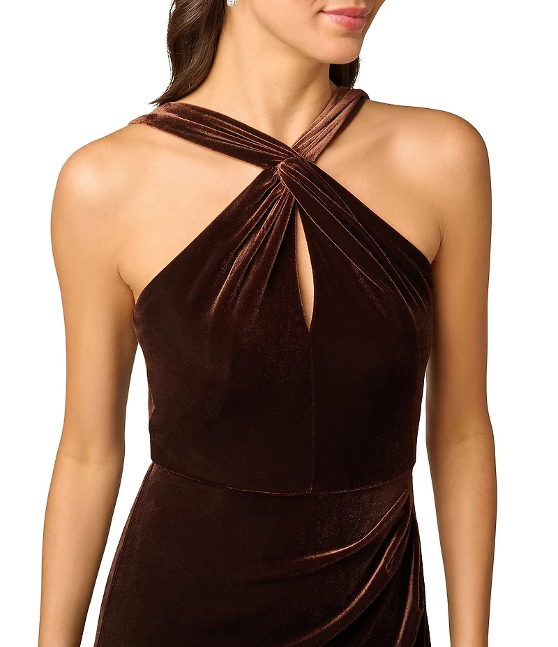 Adrianna Papell Velvet Halter Neck Side Slit Mermaid Dress