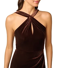Adrianna Papell Velvet Halter Neck Side Slit Mermaid Dress