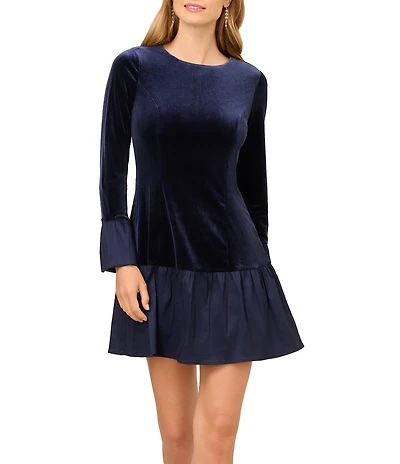 Adrianna Papell Velvet Long Sleeve Taffeta Skirt Combo Flounce Dress