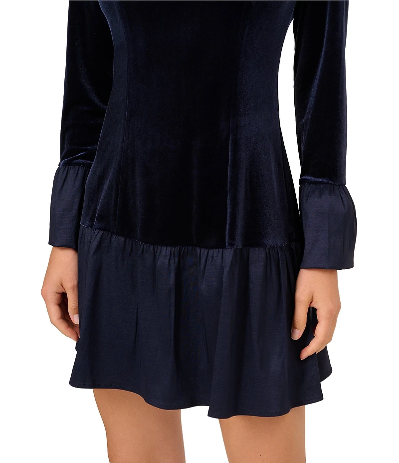 Adrianna Papell Velvet Long Sleeve Taffeta Skirt Combo Flounce Dress