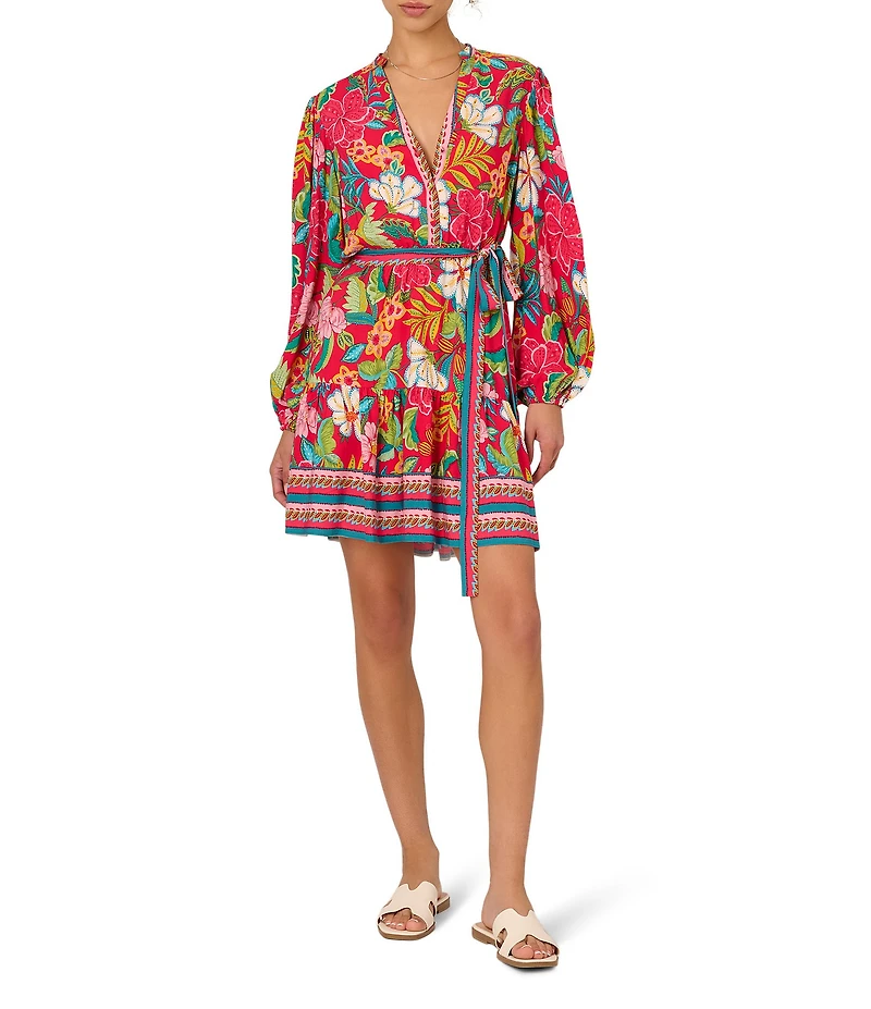 Adrianna Papell Woven Floral Print Long Sleeve Split V-Neckline A-Line Dress