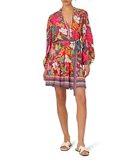 Adrianna Papell Woven Floral Print Long Sleeve Split V-Neckline A-Line Dress