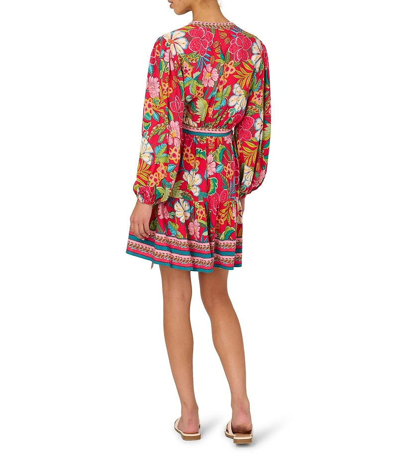 Adrianna Papell Woven Floral Print Long Sleeve Split V-Neckline A-Line Dress