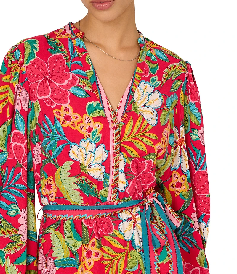 Adrianna Papell Woven Floral Print Long Sleeve Split V-Neckline A-Line Dress