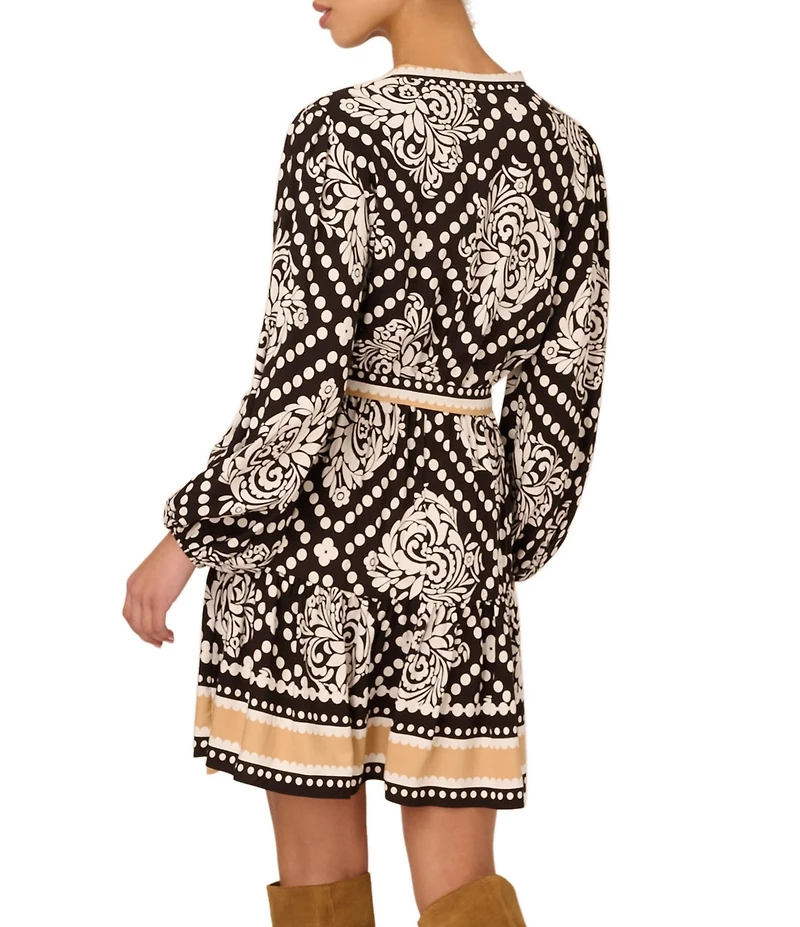 Adrianna Papell Woven Long Sleeve V Neck Printed Short Dress