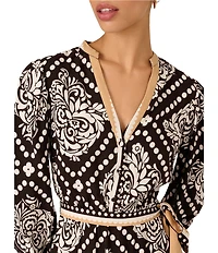Adrianna Papell Woven Long Sleeve V Neck Printed Short Dress