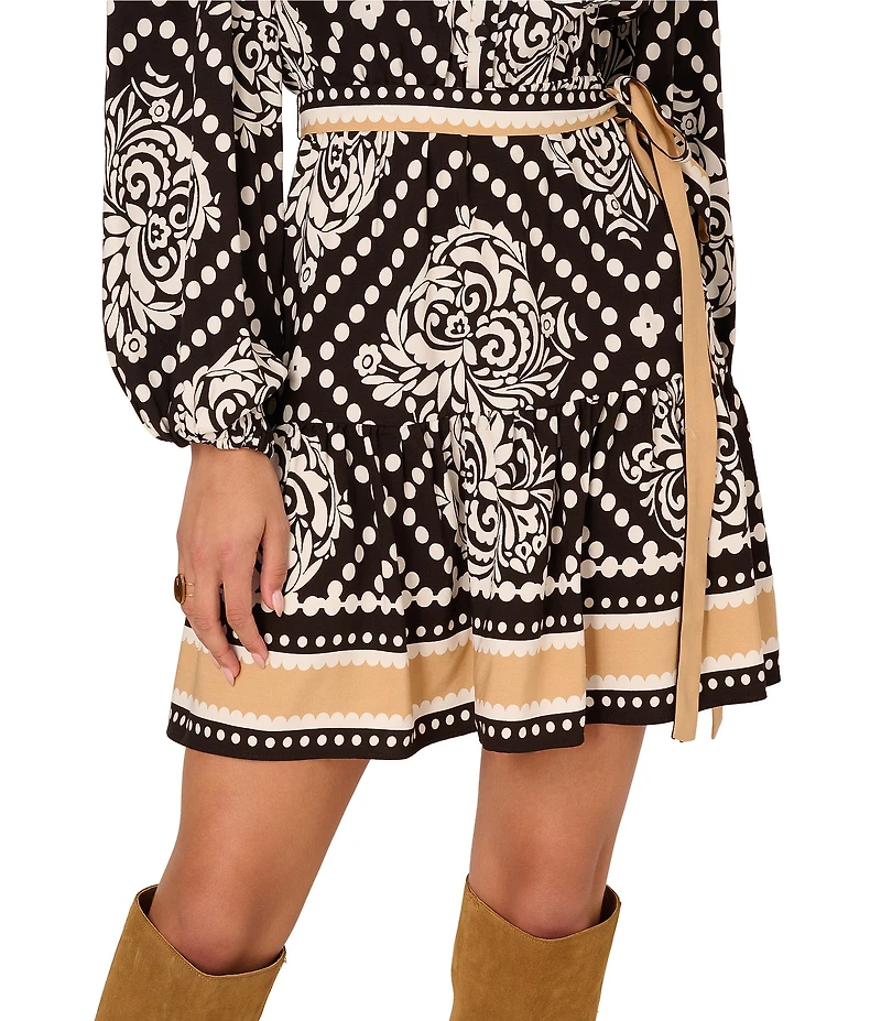 Adrianna Papell Woven Long Sleeve V Neck Printed Short Dress