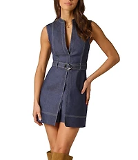Adrianna Papell Woven Sleeveless Split V-Neckline Belted Denim Romper
