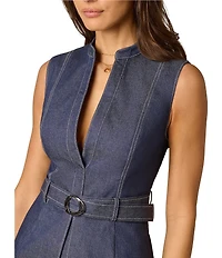 Adrianna Papell Woven Sleeveless Split V-Neckline Belted Denim Romper