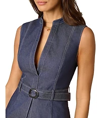 Adrianna Papell Woven Sleeveless Split V-Neckline Belted Denim Romper