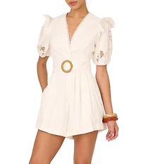 Adrianna Papell Woven V-Neck Ruffle Short Puff Sleeve Laser Cut Out Lace Belted Romper