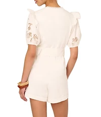 Adrianna Papell Woven V-Neck Ruffle Short Puff Sleeve Laser Cut Out Lace Belted Romper