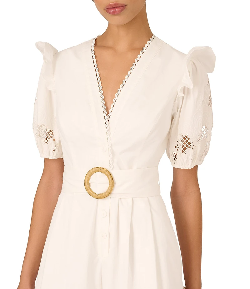 Adrianna Papell Woven V-Neck Ruffle Short Puff Sleeve Laser Cut Out Lace Belted Romper