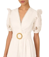 Adrianna Papell Woven V-Neck Ruffle Short Puff Sleeve Laser Cut Out Lace Belted Romper