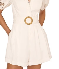 Adrianna Papell Woven V-Neck Ruffle Short Puff Sleeve Laser Cut Out Lace Belted Romper