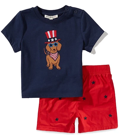 Adventurewear 360 Baby Boys Knit Dachshund Applique Crew Neck Tee & Star Print Pull-On Shorts Set