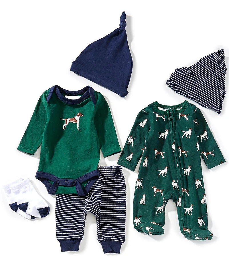 Adventurewear 360 Baby Boys Long Sleeve Hunting Dog Bodysuit, Coverall, Pants, Bib, Hat, and Socks 6-Piece Set
