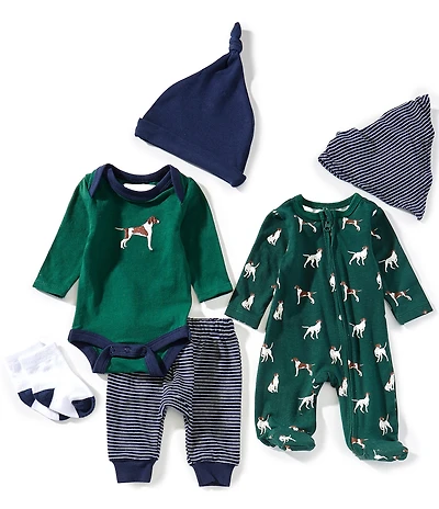 Adventurewear 360 Baby Boys Long Sleeve Hunting Dog Bodysuit, Coverall, Pants, Bib, Hat, and Socks 6-Piece Set