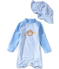 Adventurewear 360 Baby Boys Stripe Baseball Print Long Sleeve Rashguard One-Piece Swimsuit & Hat