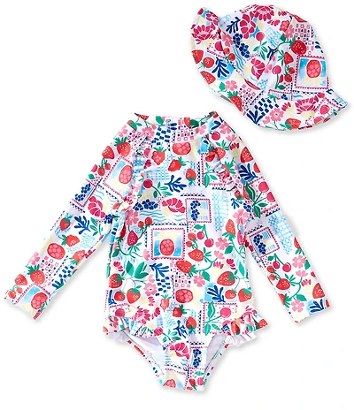 Adventurewear 360 Baby Girls Fruit Print Long Sleeve Rashgaurd Ruffle One-Piece Swimsuit & Hat