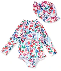Adventurewear 360 Baby Girls Fruit Print Long Sleeve Rashgaurd Ruffle One-Piece Swimsuit & Hat