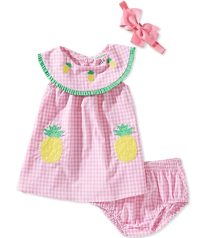 Adventurewear 360 Baby Girls Ruffle Round Collar Gingham and Pineapple Applique Dress