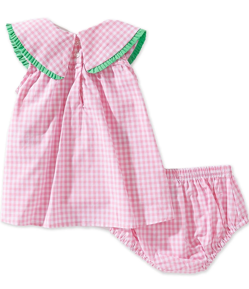 Adventurewear 360 Baby Girls Ruffle Round Collar Gingham and Pineapple Applique Dress