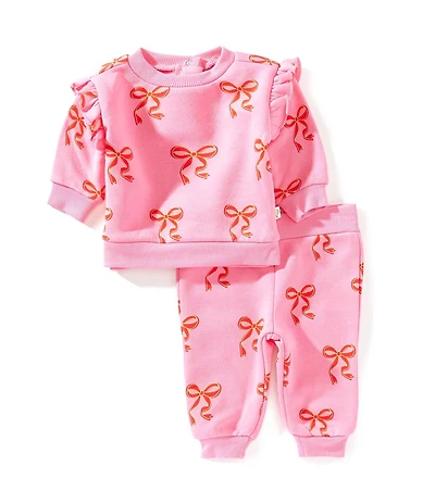 Adventurewear 360 Baby Girls Knit Bow Print Crew Neck Ruffle Top & Bow Leggings Set