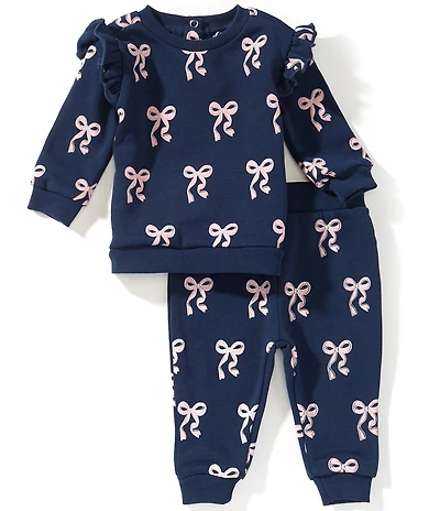 Adventurewear 360 Baby Girls Knit Bow Print Long Sleeve Ruffle Top & Jogger Set