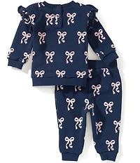Adventurewear 360 Baby Girls Knit Bow Print Long Sleeve Ruffle Top & Jogger Set