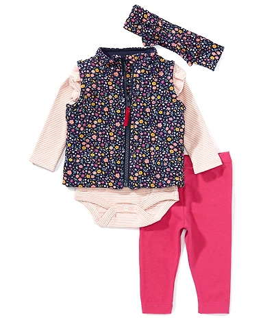Adventurewear 360 Baby Girls Knit Floral Vest, Stripe Bodysuit, and Solid Leggings Set